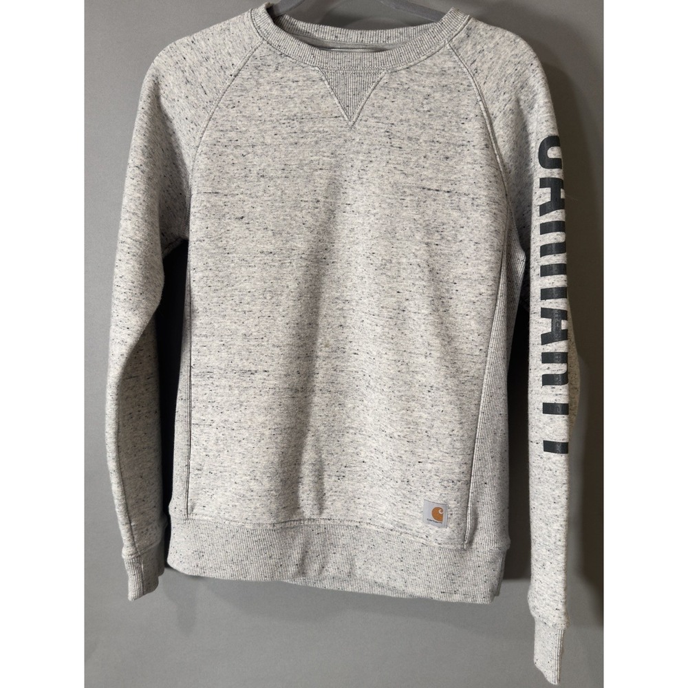 CARHARTT Sweatshirt Womens Small Gray Relaxed Fit Crewneck Logo Sleeve 104410
